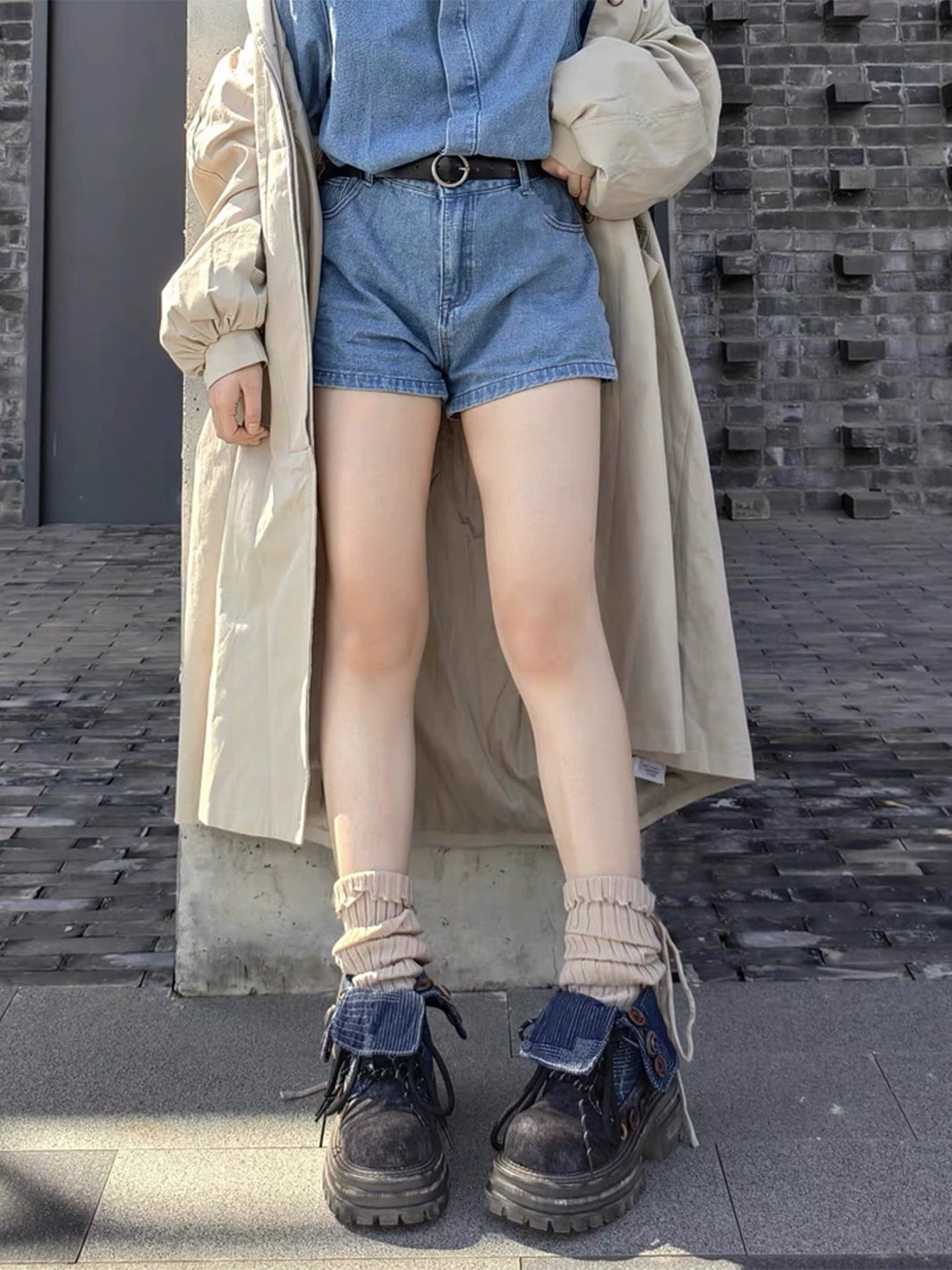 Button-Cuff Denim Platform Ankle Boots