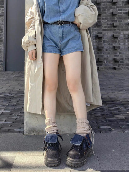 Button-Cuff Denim Platform Ankle Boots