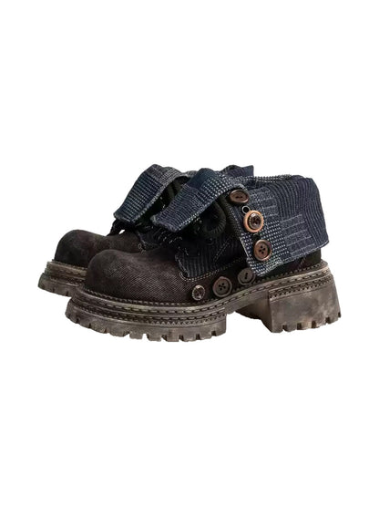 Button-Cuff Denim Platform Ankle Boots