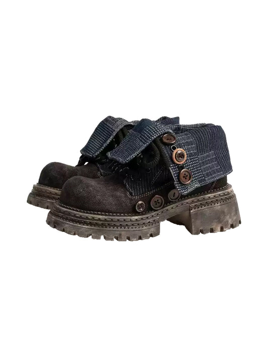 Button-Cuff Denim Platform Ankle Boots