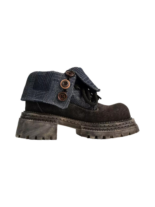 Button-Cuff Denim Platform Ankle Boots