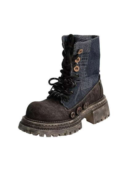 Button-Cuff Denim Platform Ankle Boots