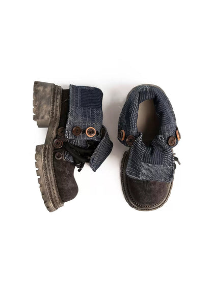 Button-Cuff Denim Platform Ankle Boots