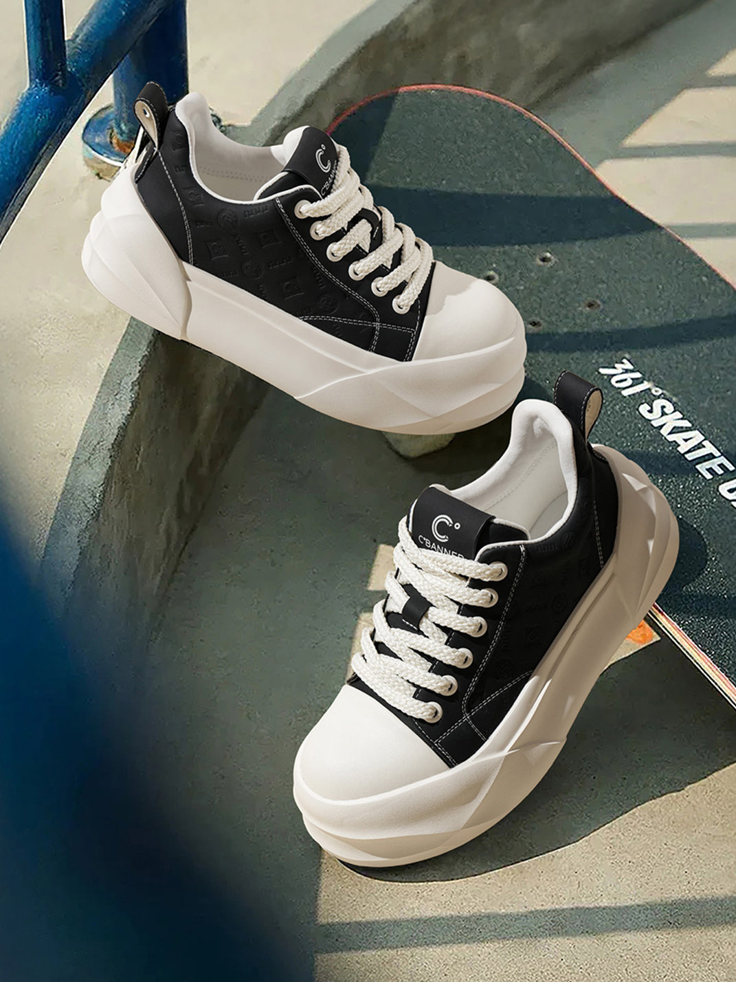 Black Geometric-Sole Platform Sneakers