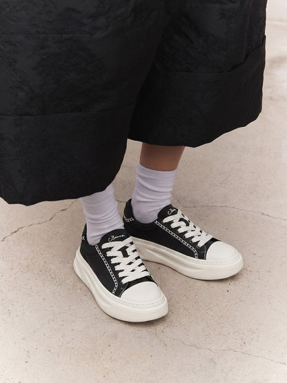 Black Chain-Trim Contrast-Stitch Platform Sneakers