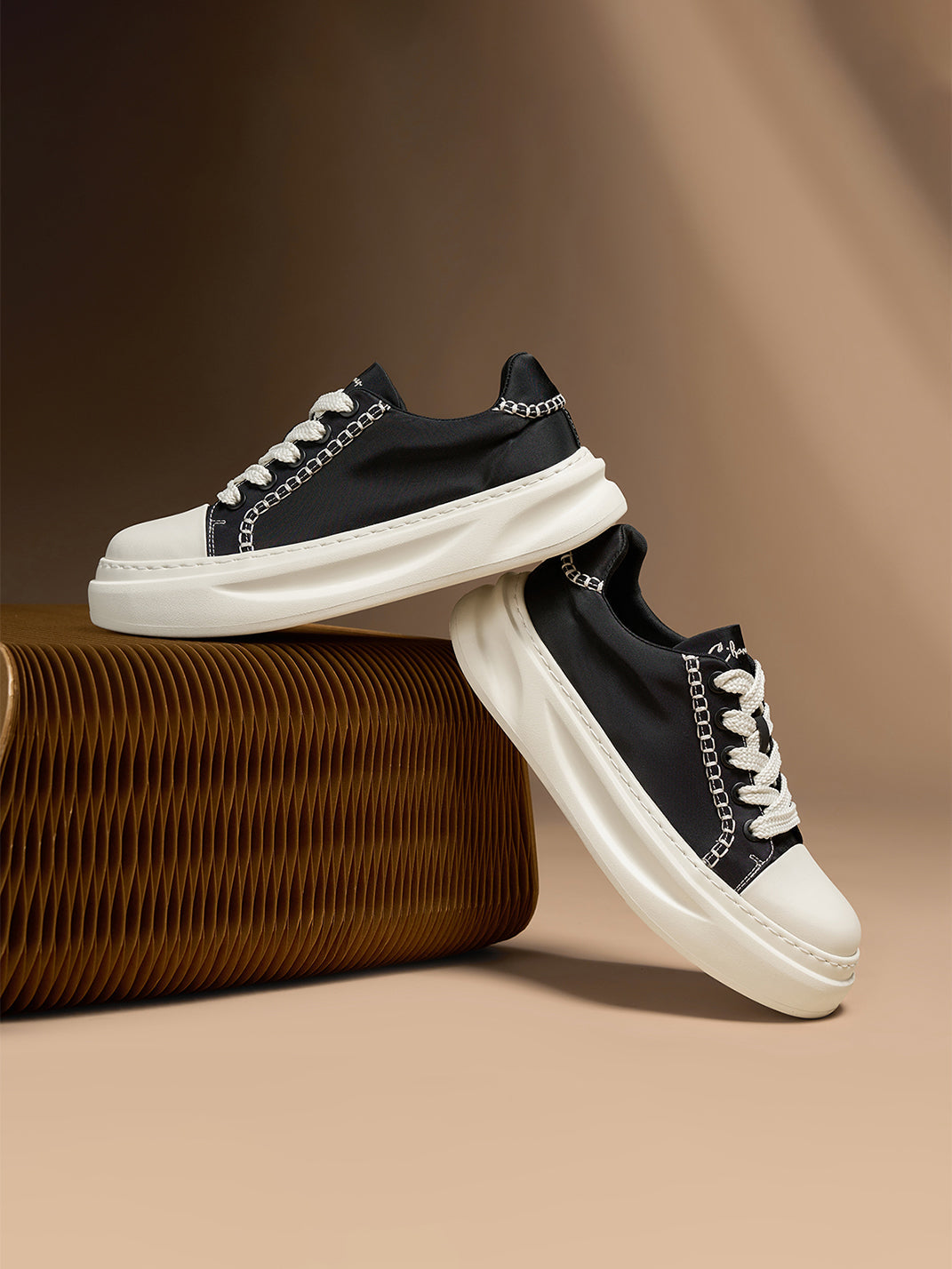 Black Chain-Trim Contrast-Stitch Platform Sneakers
