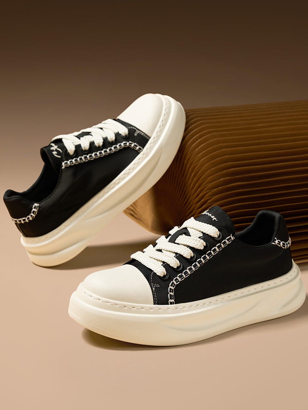 Black Chain-Trim Contrast-Stitch Platform Sneakers