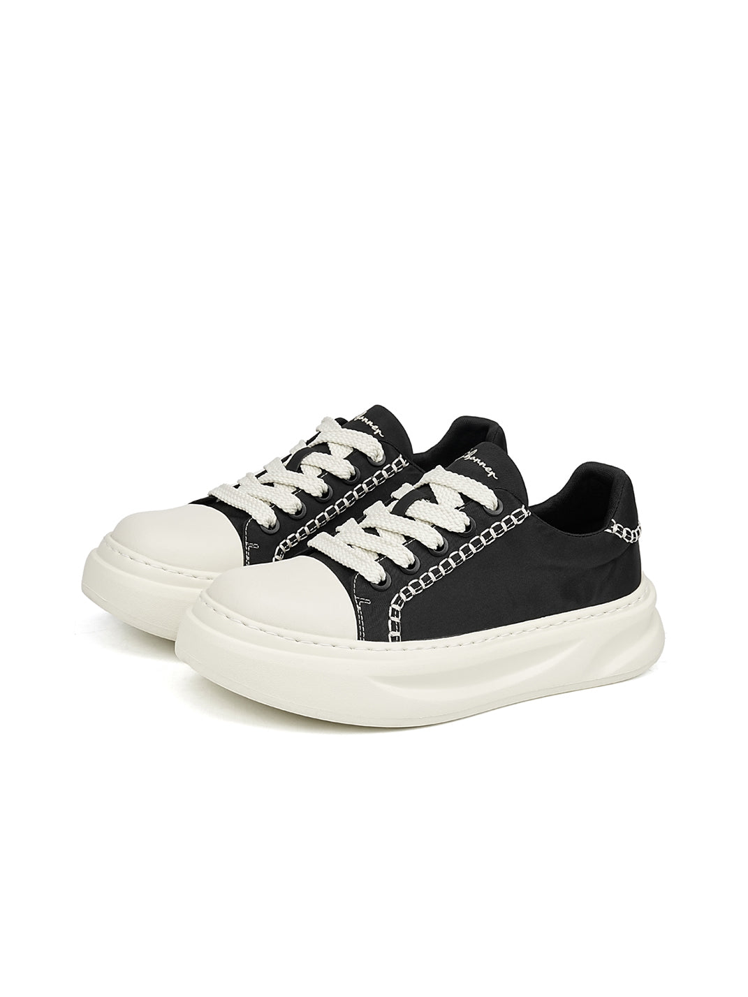 Black Chain-Trim Contrast-Stitch Platform Sneakers