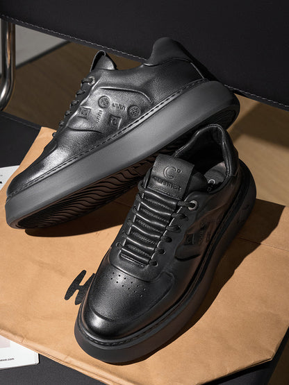 Black Embossed Leather Platform Low-Top Sneakers