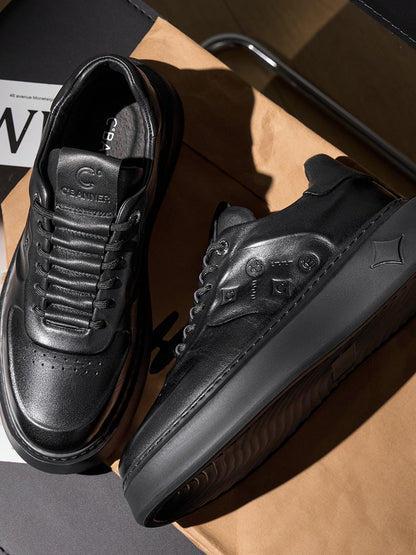 Black Embossed Leather Platform Low-Top Sneakers