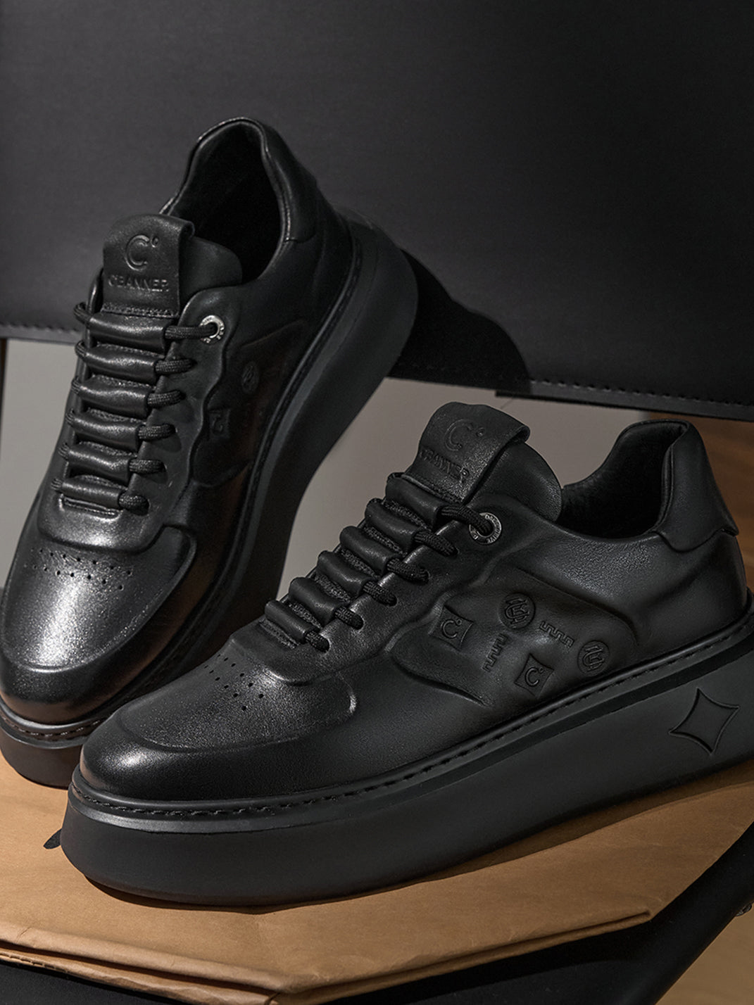 Black Embossed Leather Platform Low-Top Sneakers