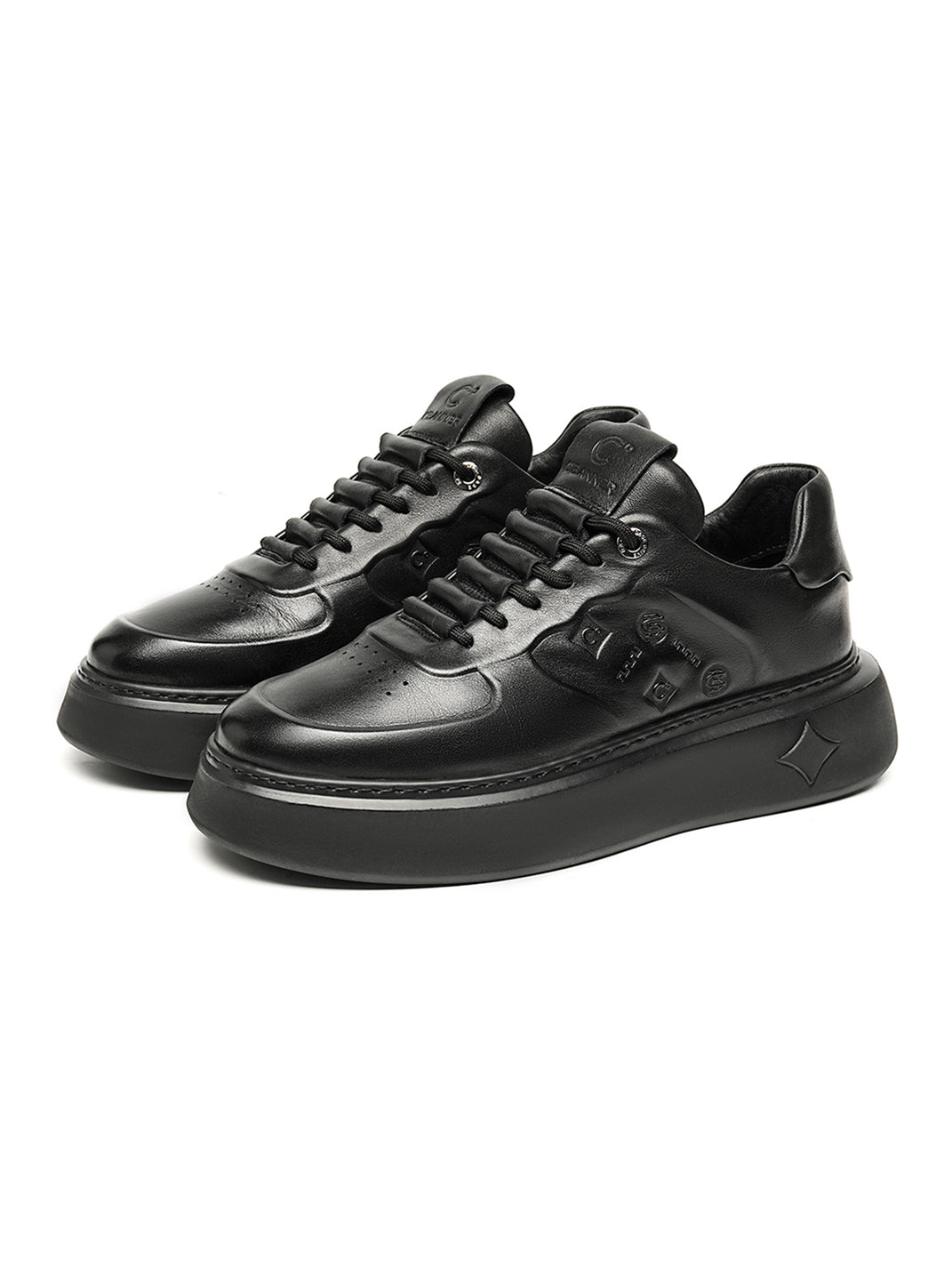 Black Embossed Leather Platform Low-Top Sneakers