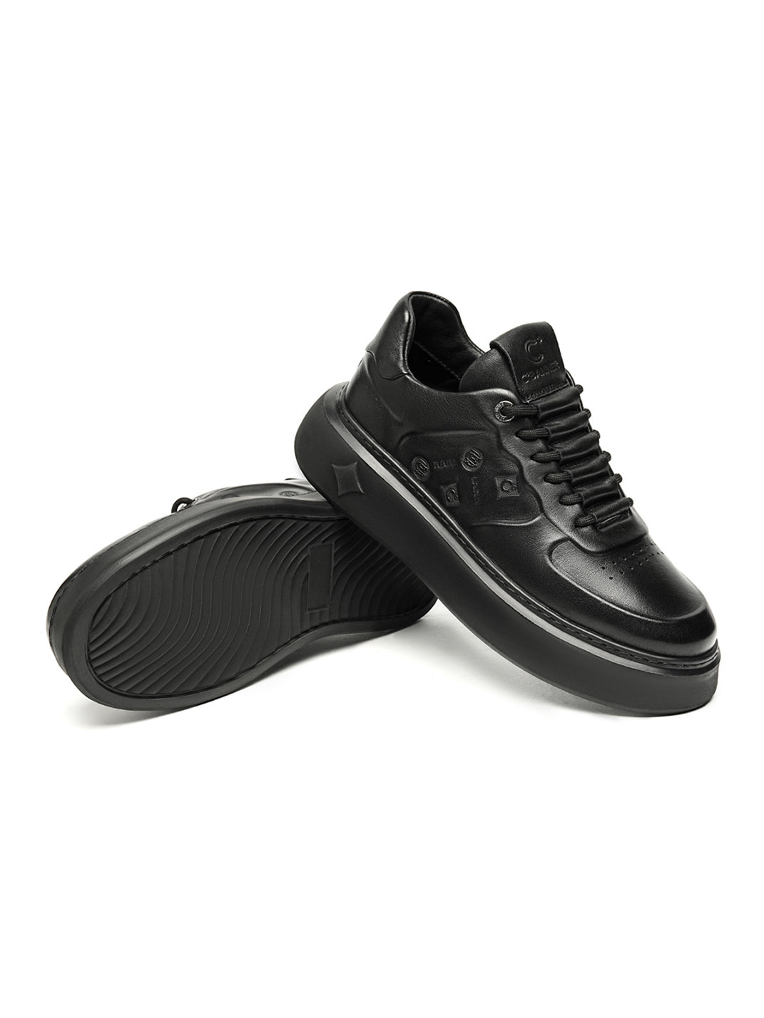 Black Embossed Leather Platform Low-Top Sneakers