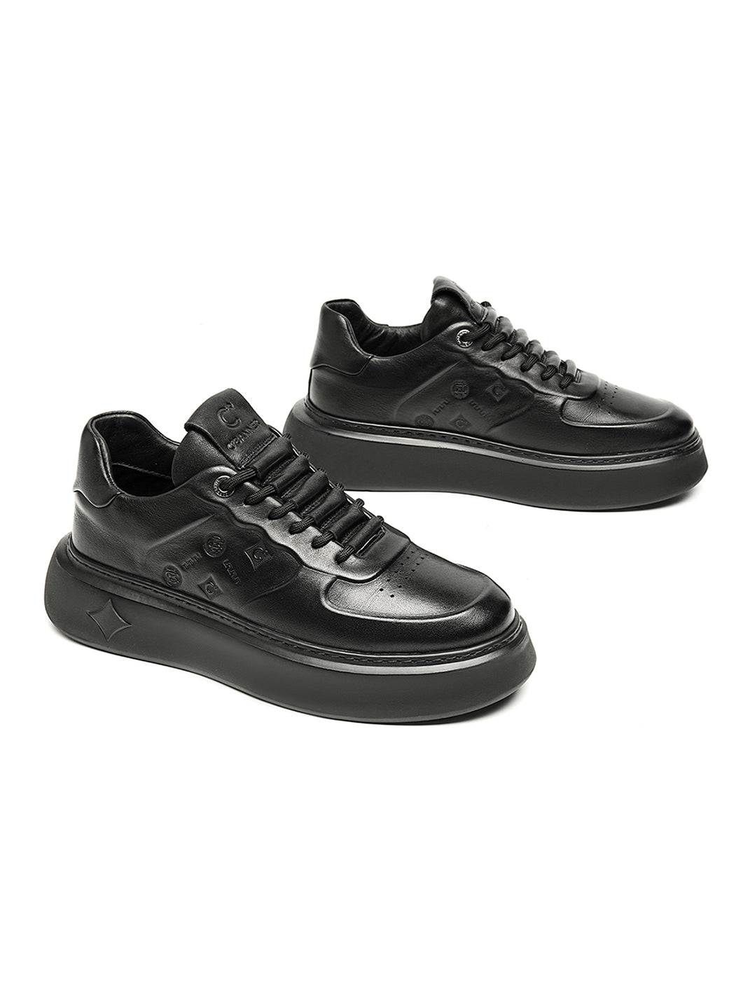 Black Embossed Leather Platform Low-Top Sneakers