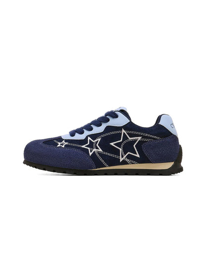 Navy Star-Embroidered Retro Low-Top Sneakers