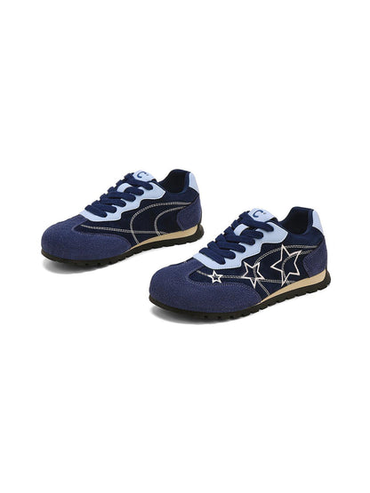 Navy Star-Embroidered Retro Low-Top Sneakers
