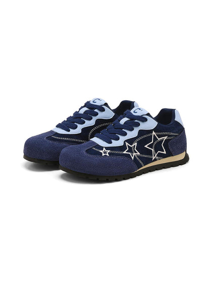 Navy Star-Embroidered Retro Low-Top Sneakers