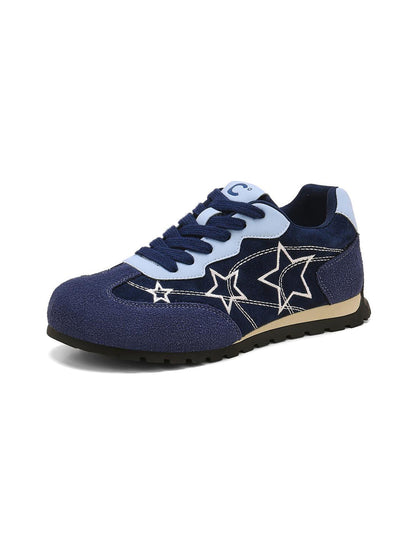 Navy Star-Embroidered Retro Low-Top Sneakers