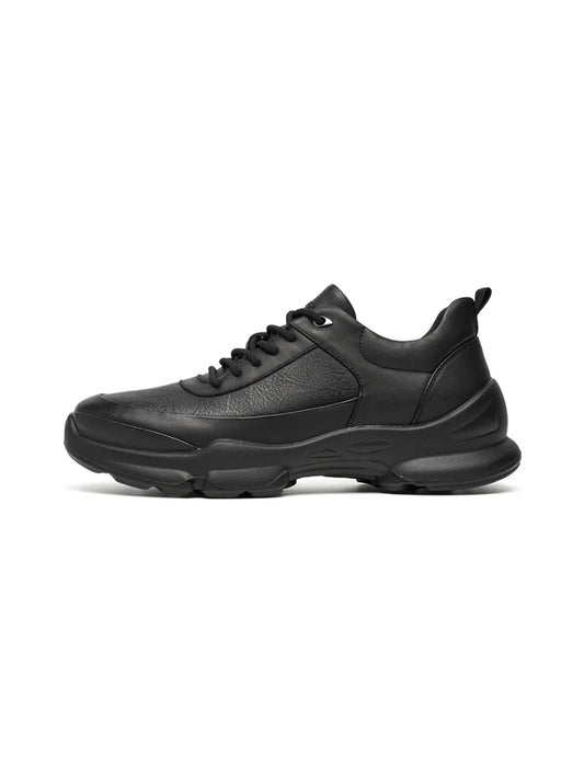 Black Leather Sculpted-Sole Chunky Sneakers