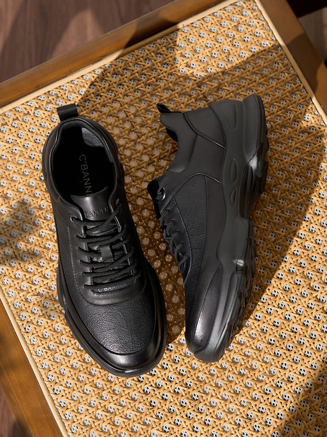 Black Leather Sculpted-Sole Chunky Sneakers
