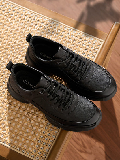 Black Leather Sculpted-Sole Chunky Sneakers
