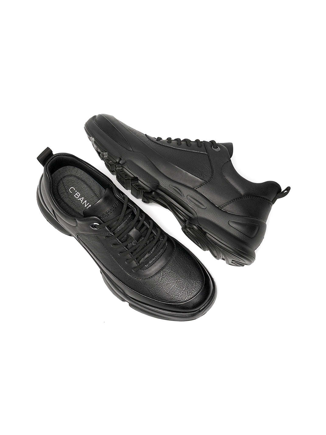 Black Leather Sculpted-Sole Chunky Sneakers