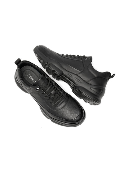 Black Leather Sculpted-Sole Chunky Sneakers
