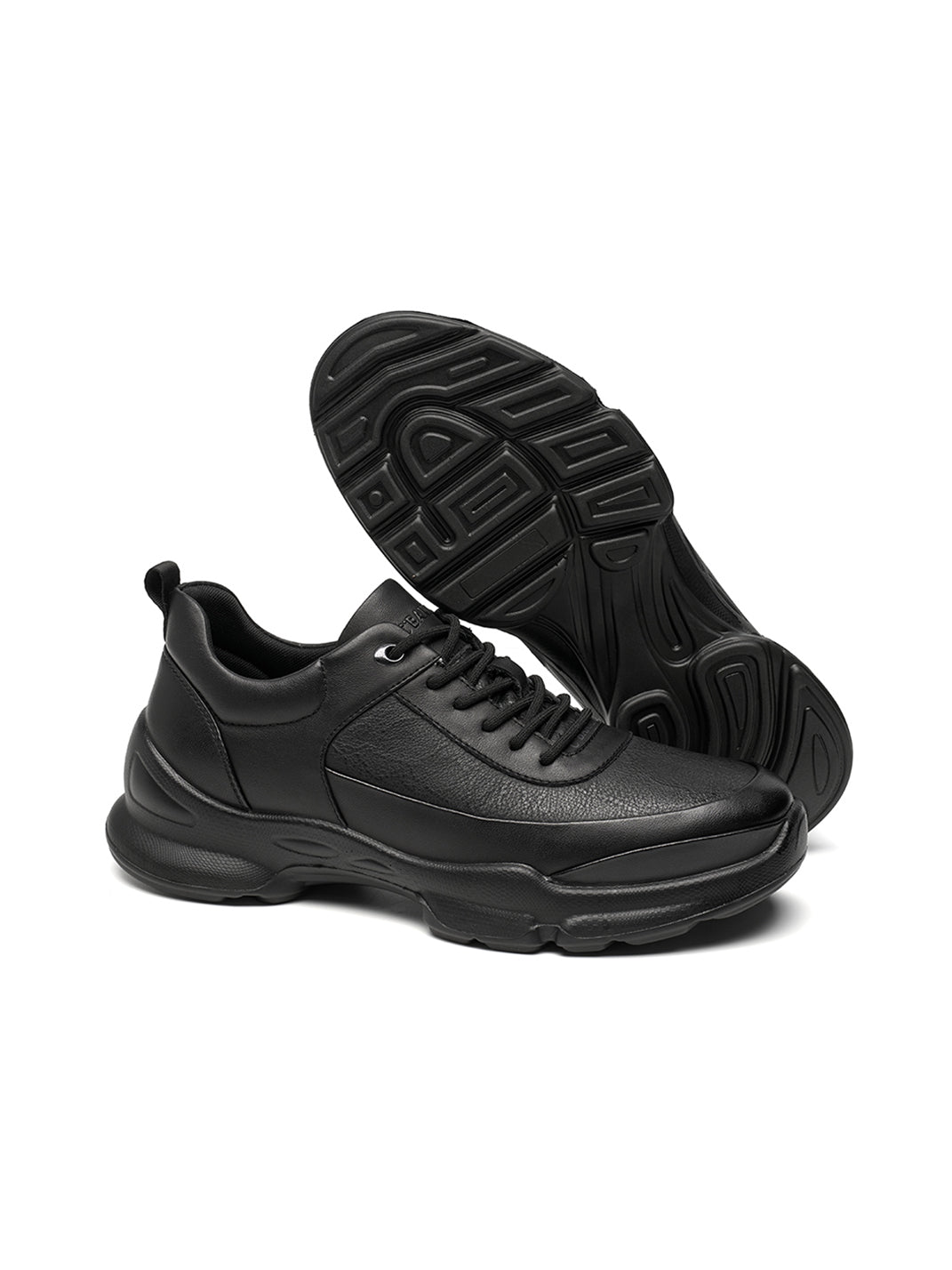 Black Leather Sculpted-Sole Chunky Sneakers