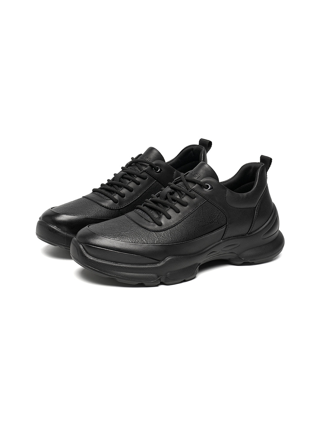 Black Leather Sculpted-Sole Chunky Sneakers