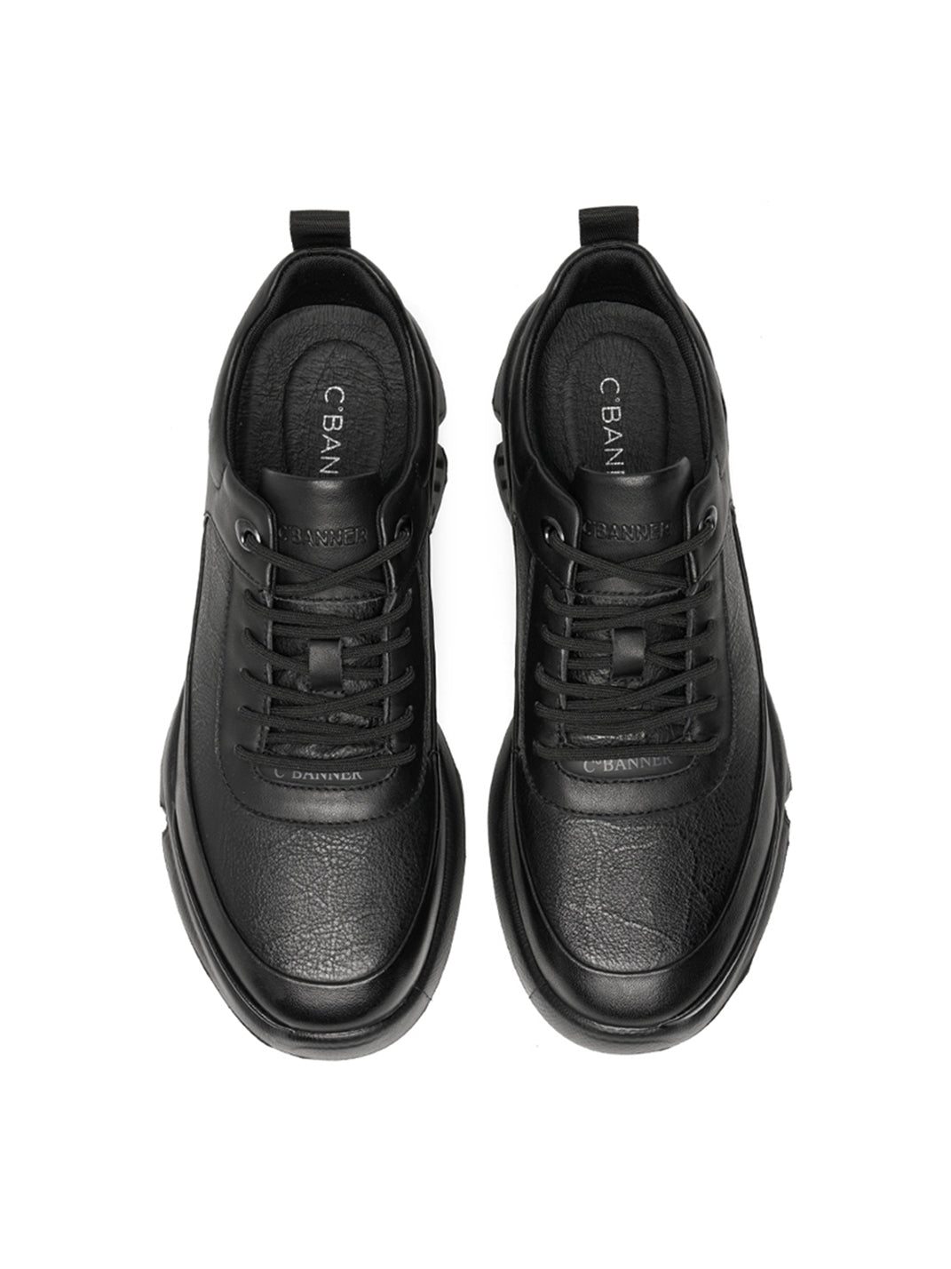 Black Leather Sculpted-Sole Chunky Sneakers