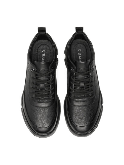 Black Leather Sculpted-Sole Chunky Sneakers