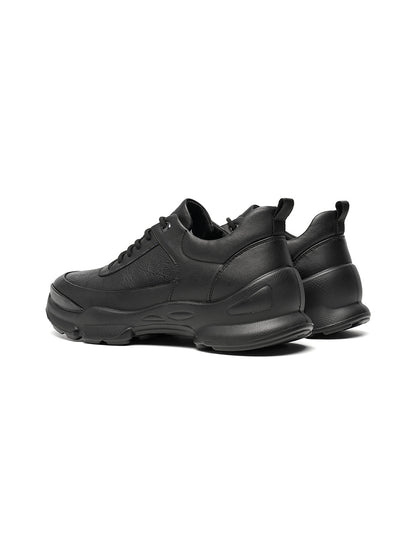 Black Leather Sculpted-Sole Chunky Sneakers