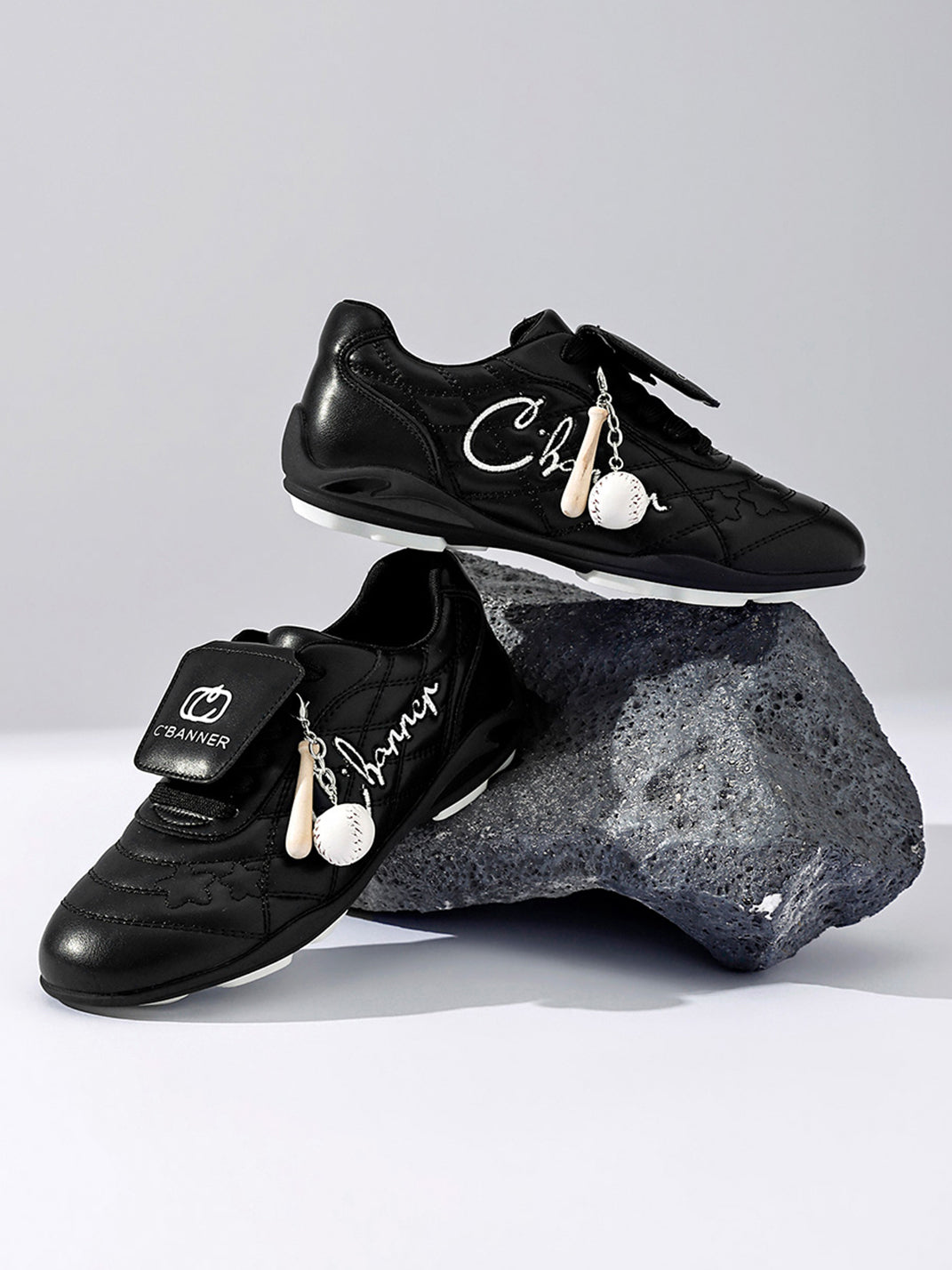 Black Patent Foldover-Tongue Retro Sneakers