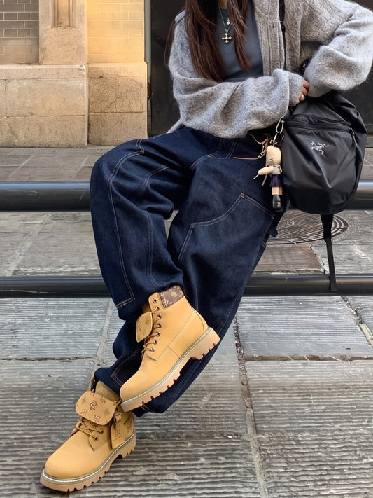 Wheat Contrast-Stitch Lug-Sole Work Boots