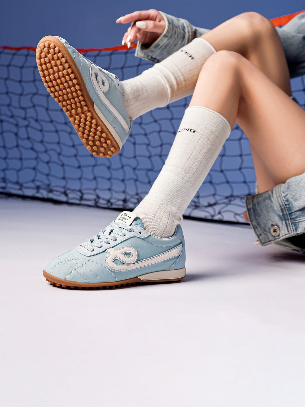 Sky Blue Quilted-Panel Gum-Sole Sneakers