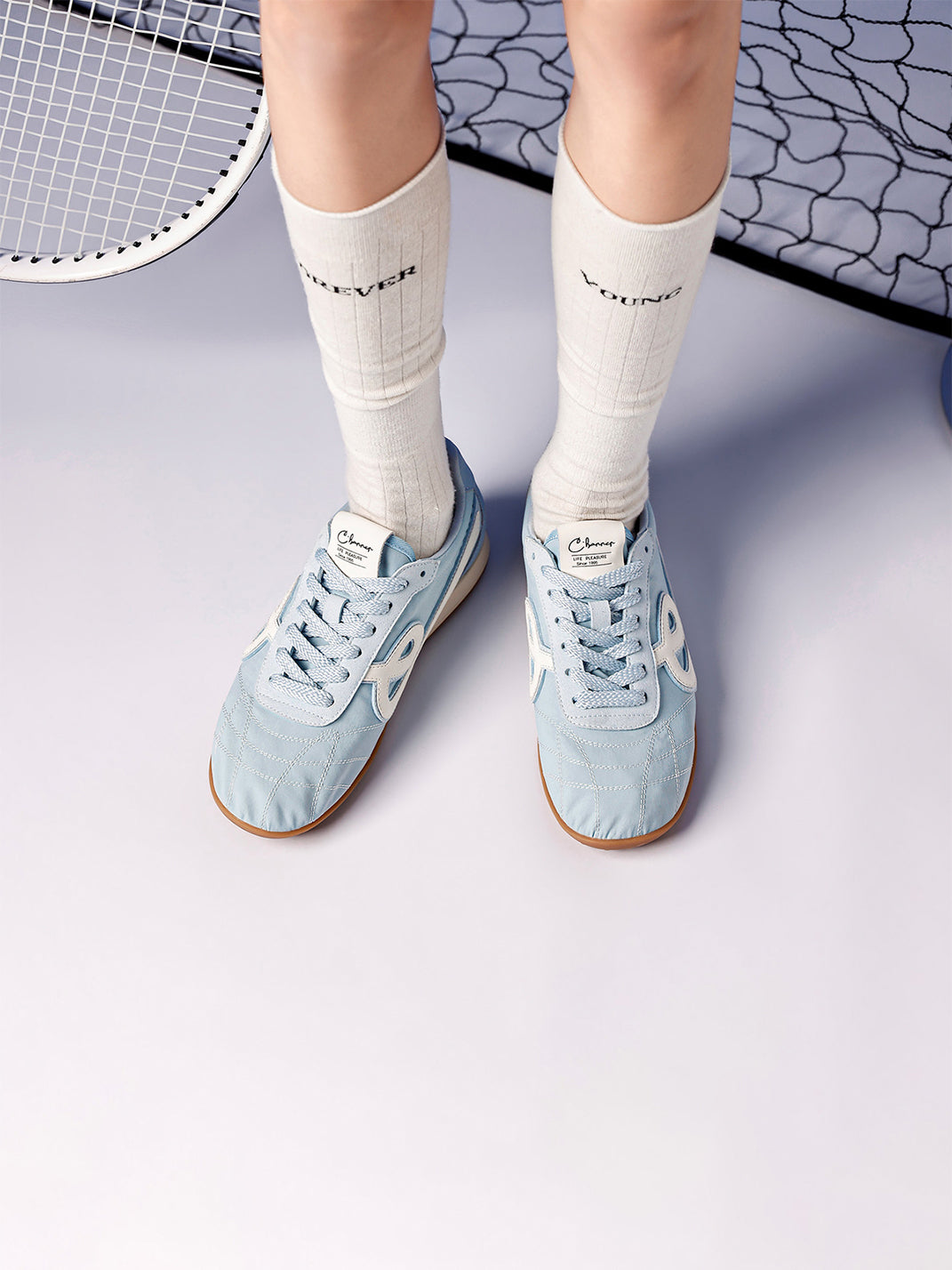 Sky Blue Quilted-Panel Gum-Sole Sneakers