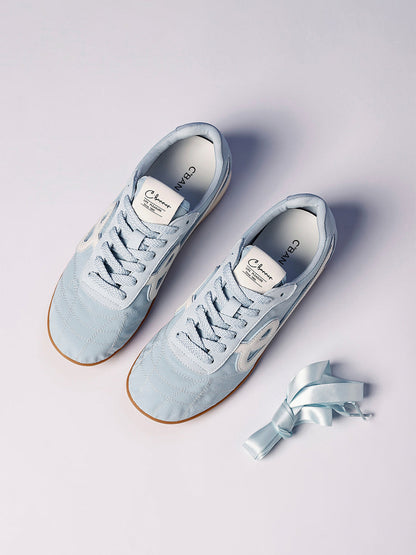 Sky Blue Quilted-Panel Gum-Sole Sneakers
