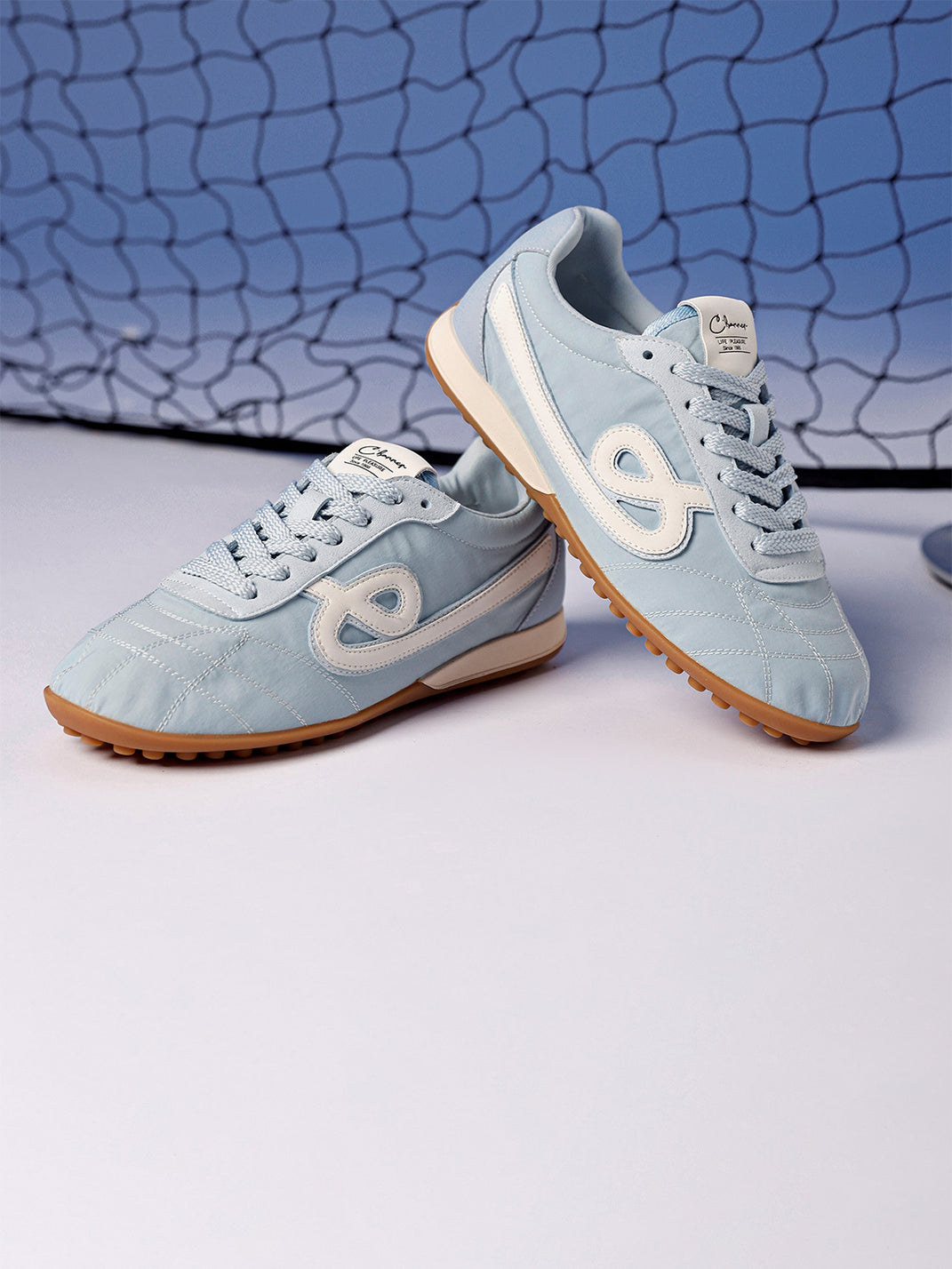 Sky Blue Quilted-Panel Gum-Sole Sneakers