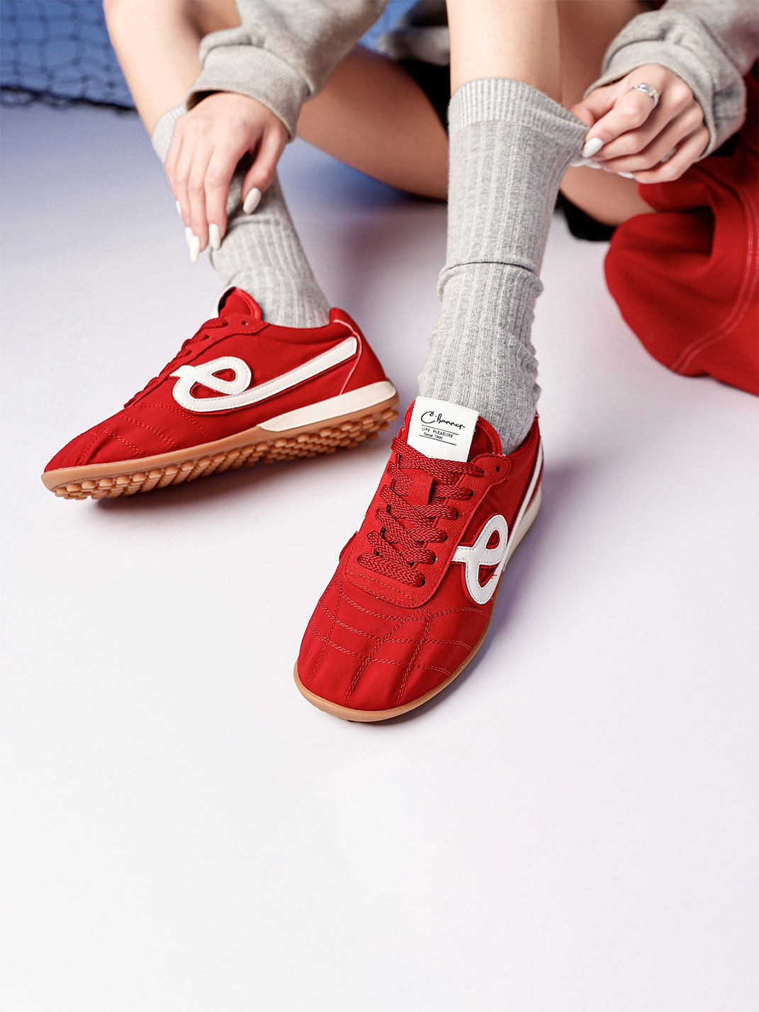 Crimson Quilted-Panel Gum-Sole Sneakers