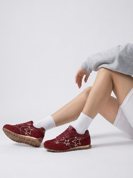 Burgundy Star-Outline Retro Low-Top Sneakers
