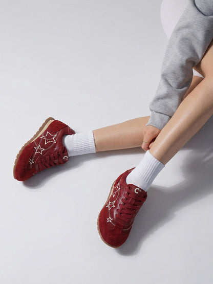 Burgundy Star-Outline Retro Low-Top Sneakers