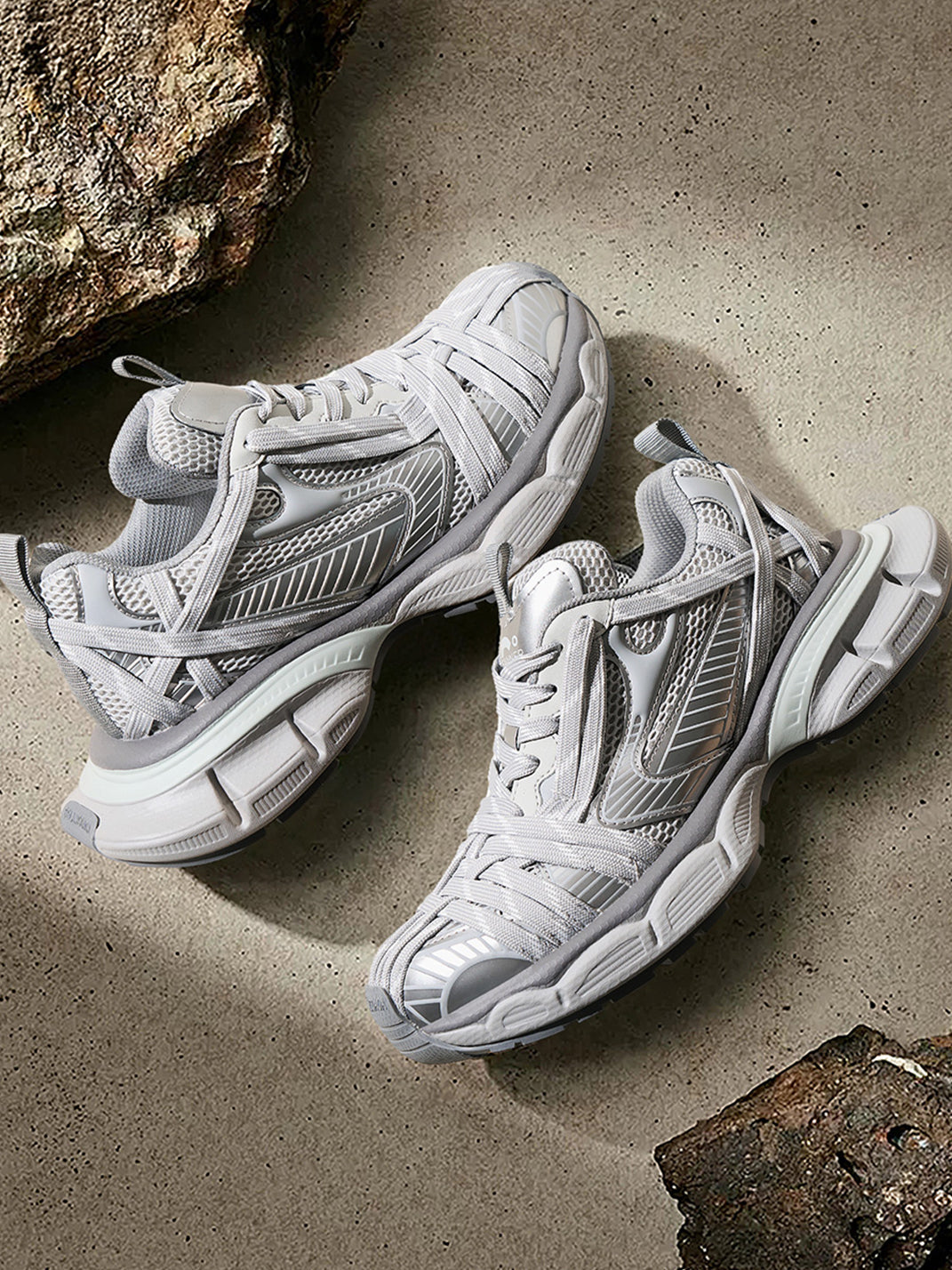 Silver Layered-Mesh Chunky Runner Sneakers