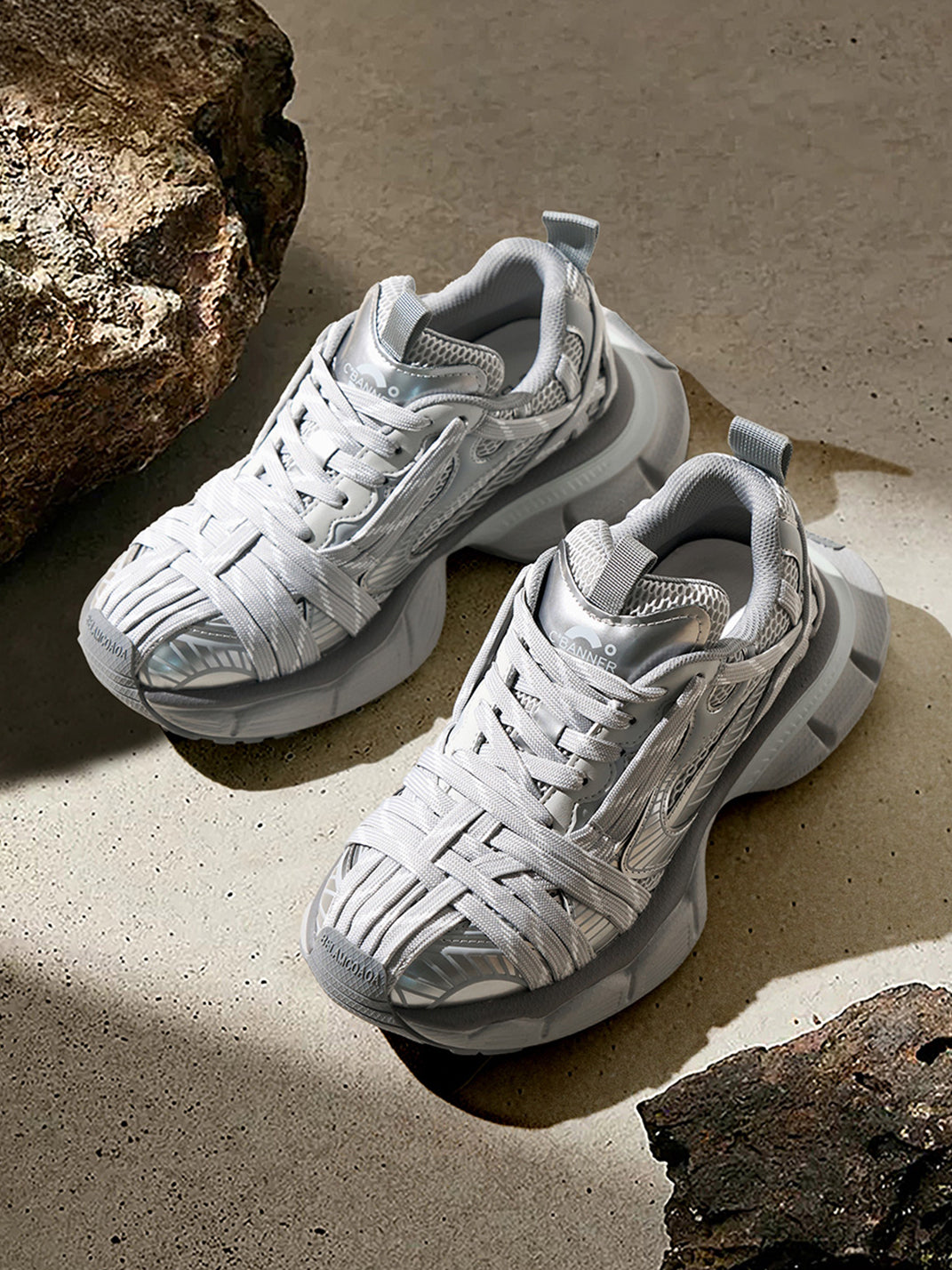 Silver Layered-Mesh Chunky Runner Sneakers