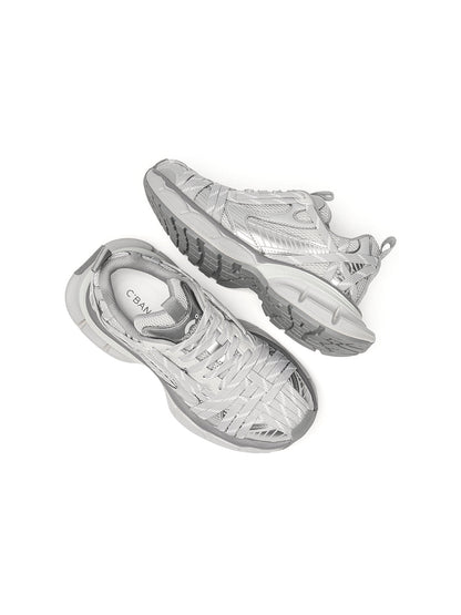 Silver Layered-Mesh Chunky Runner Sneakers