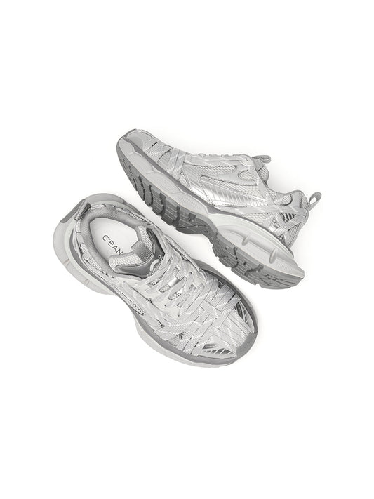 Silver Layered-Mesh Chunky Runner Sneakers