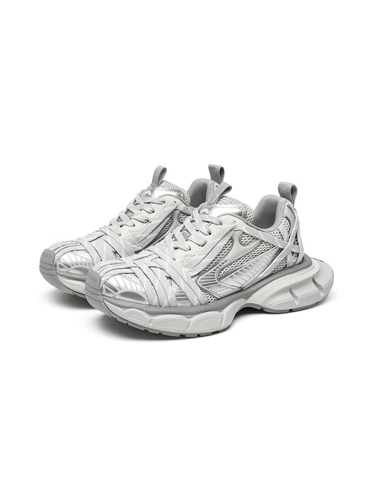 Silver Layered-Mesh Chunky Runner Sneakers