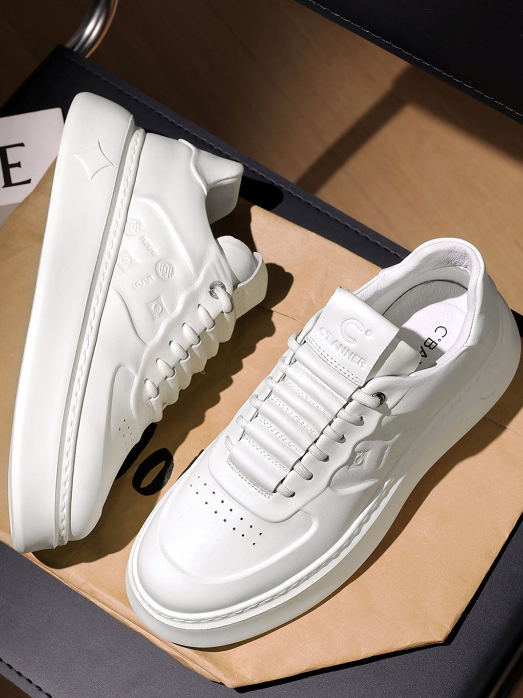 White Monogram-Texture Chunky Platform Sneakers