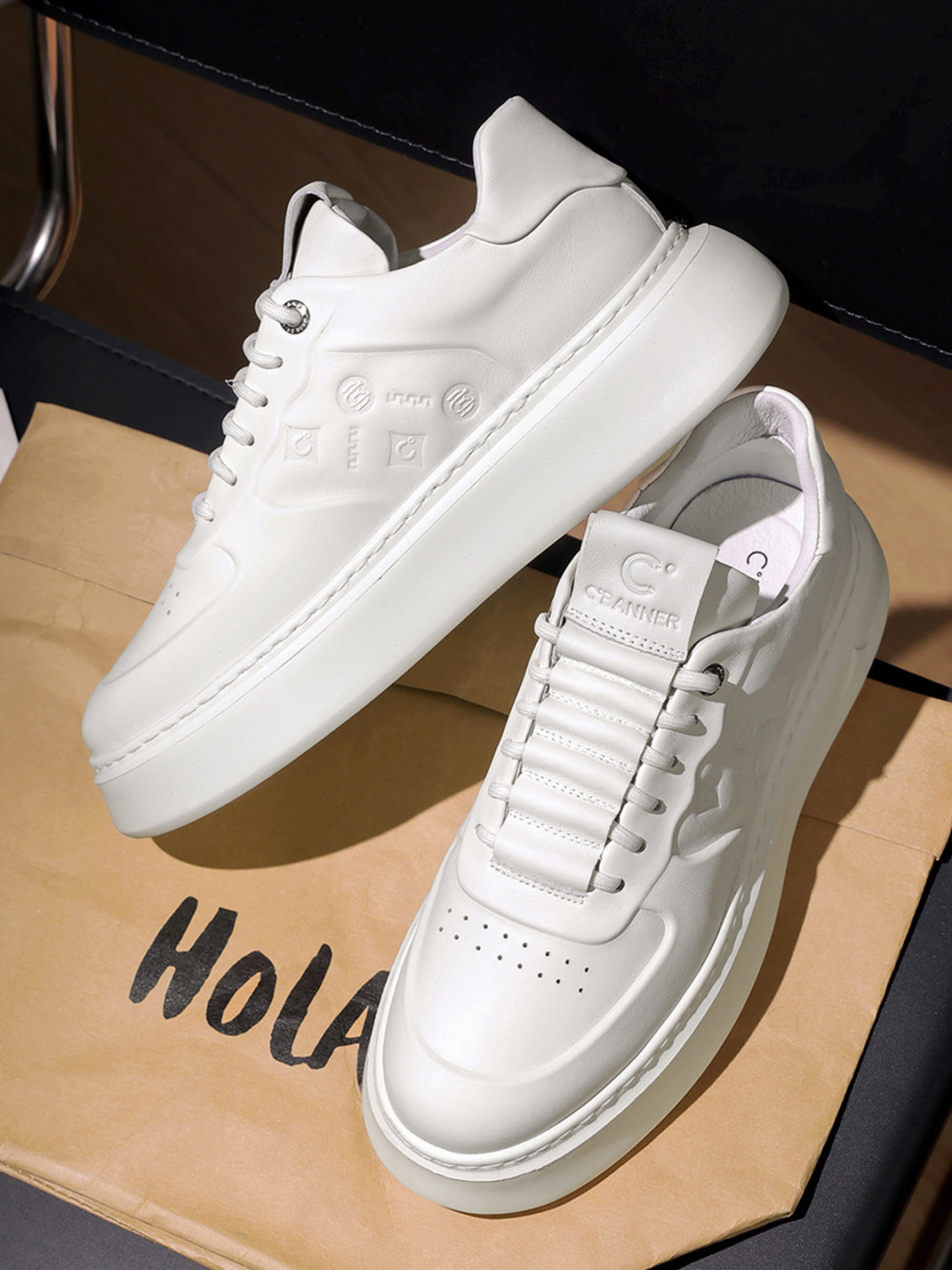 White Monogram-Texture Chunky Platform Sneakers