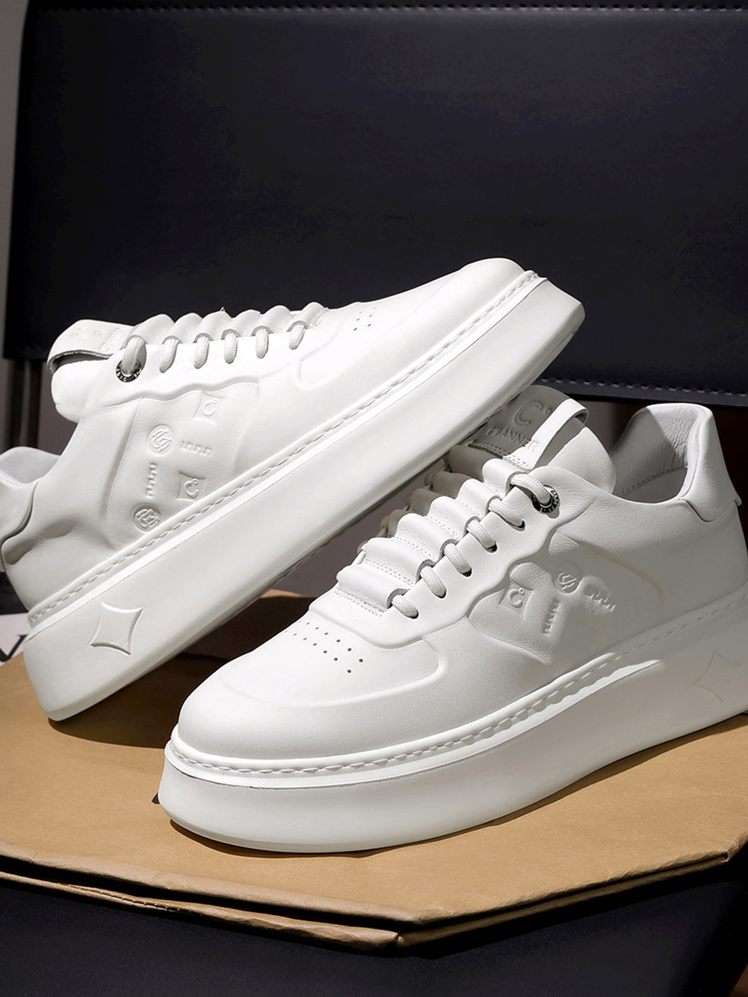 White Monogram-Texture Chunky Platform Sneakers