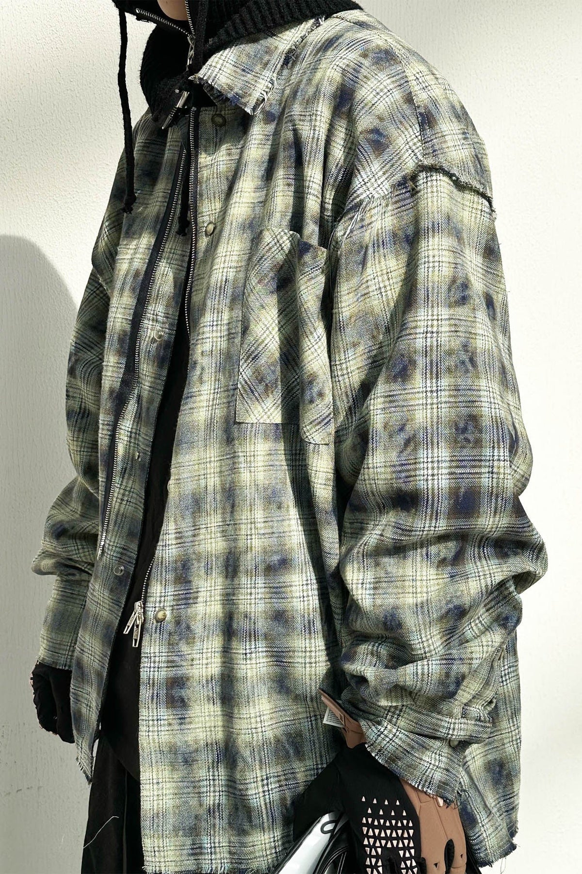 RELABEL Tie-dye Plaid Dual Closure Frayed Shirt